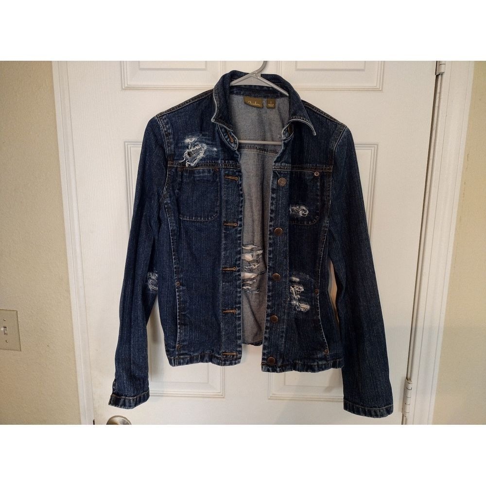 Caslon Womens Denim Jacket Blue Distressed‎ Ripped Button Up Size S